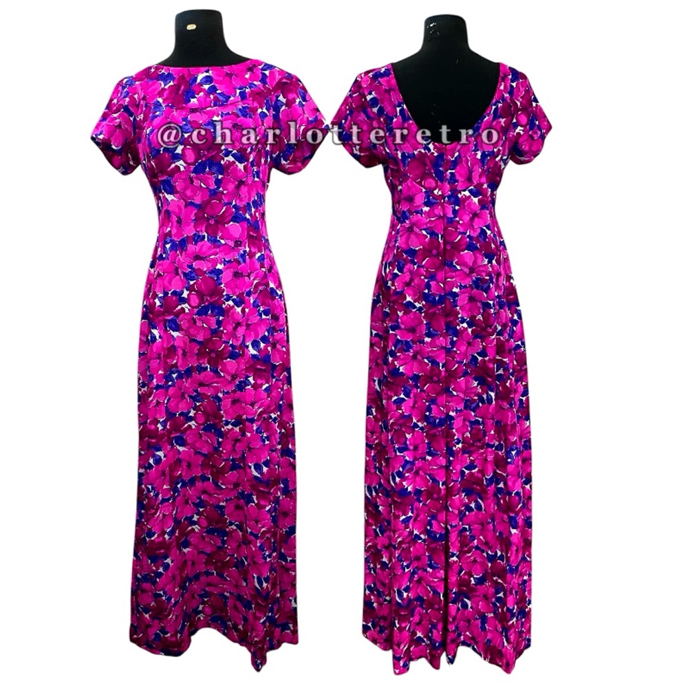 vtg Floral Hawaiian Maxi Dress w Cascading Train